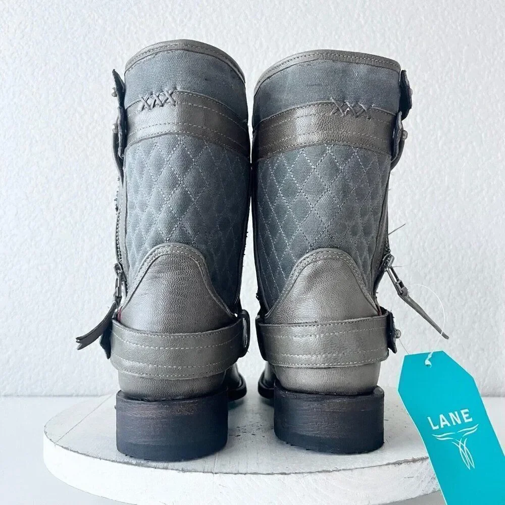 Lane Boots Womens Gray Leater Canvas Mid-Calf Western Moto Style Zip Size 7.5